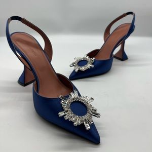 Amina Muaddi Begum Crystal Pointed Toe Slingback Pump Size 39/9 Navy Blue